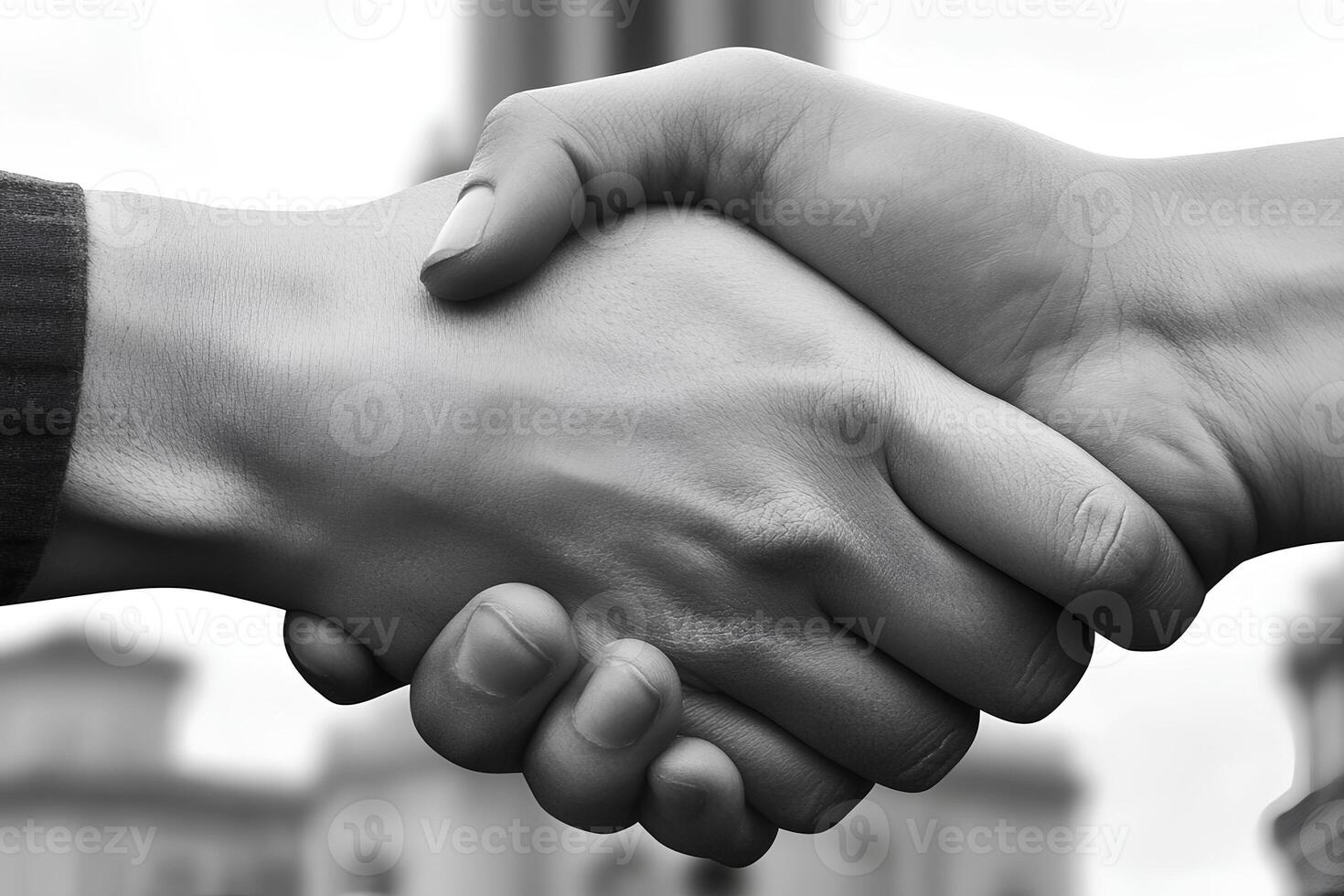 A powerful black and white image showing two people, one black and one white, shaking hands. This image symbolizes unity, diversity, and mutual respect, transcending cultural and racial boundaries. photo