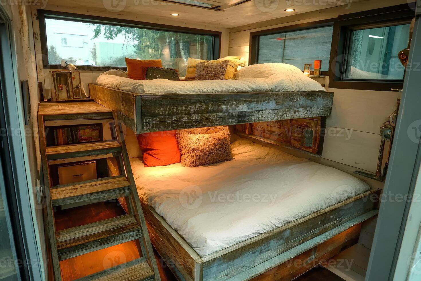 A cozy and functional interior of a cruise ship cabin featuring a double bed and bunk beds, designed for comfort and space efficiency photo