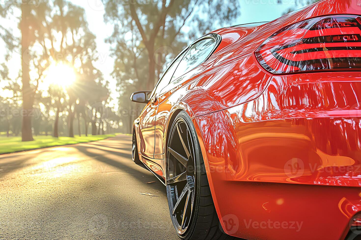 A striking red sports car cruising along a road in a lush park, blending luxury with nature in a dynamic and stylish setting photo