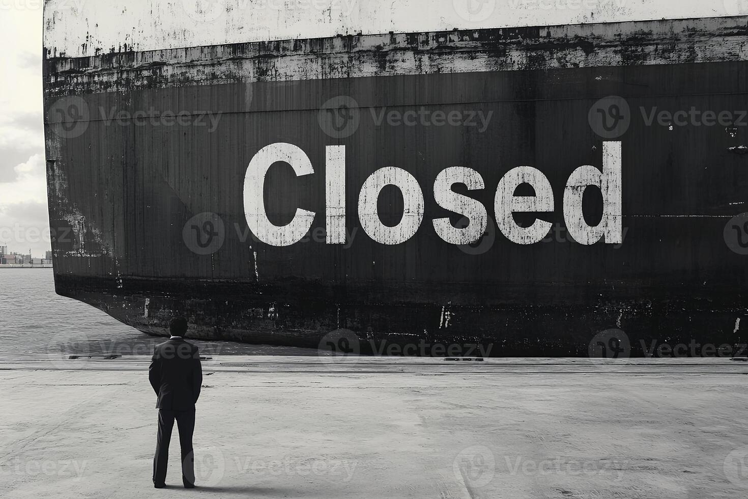 A businessman gazing at a cargo ship in the harbor, with a Closed sign in the background. The scene symbolizes challenges in the global supply chain or business disruptions photo