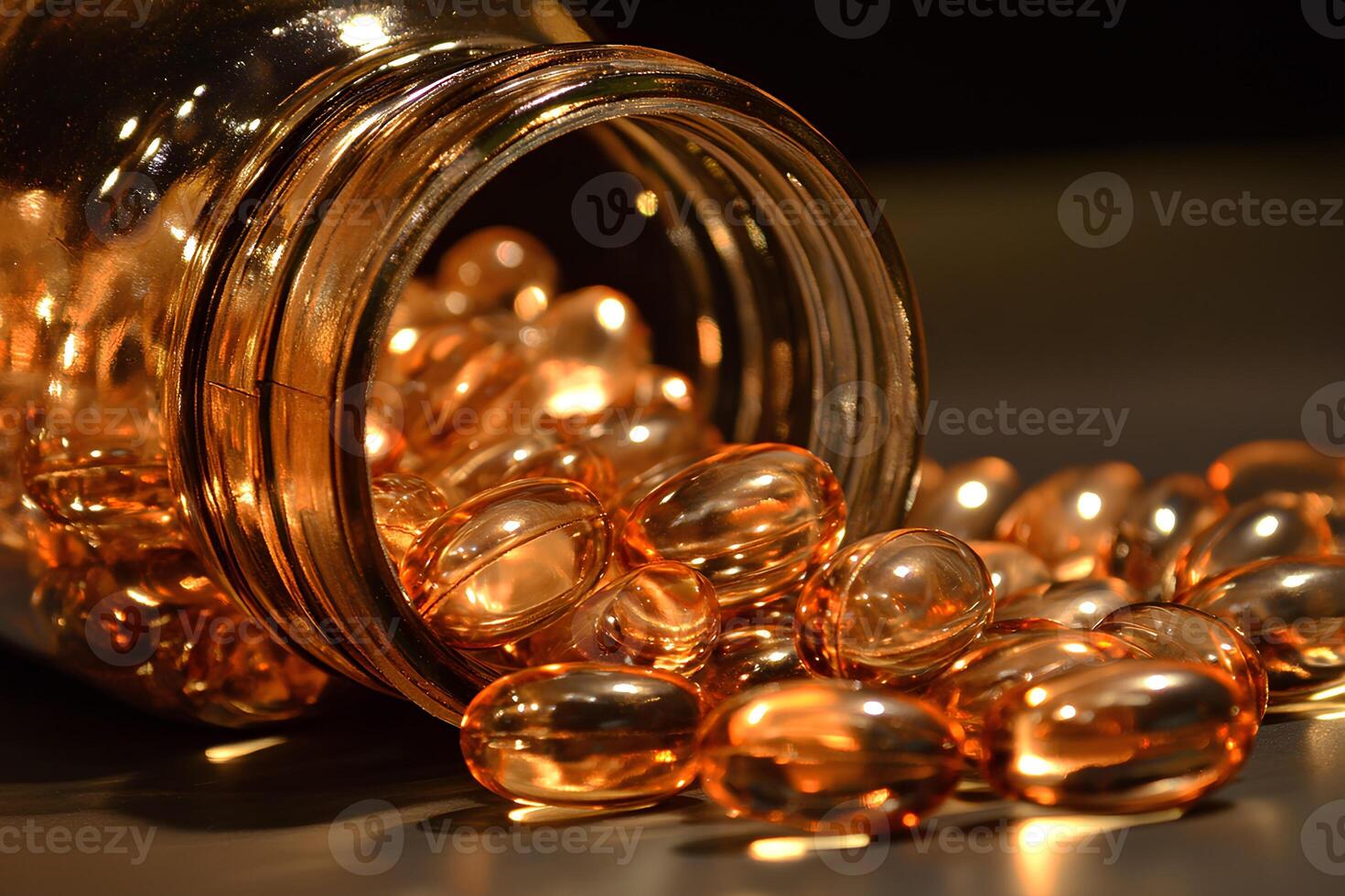 A glass bottle filled with fish oil capsules, highlighted against a sleek black background, captured with selective focus to emphasize the details photo