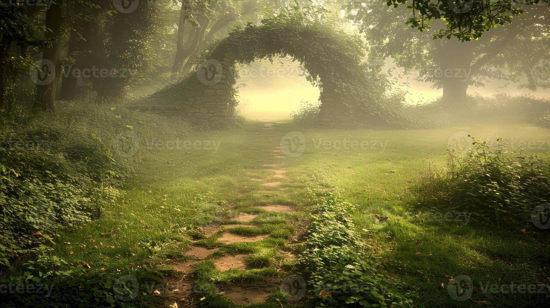 Mystical Stone Archway Path in Foggy Green Forest Magical Nature Scene photo