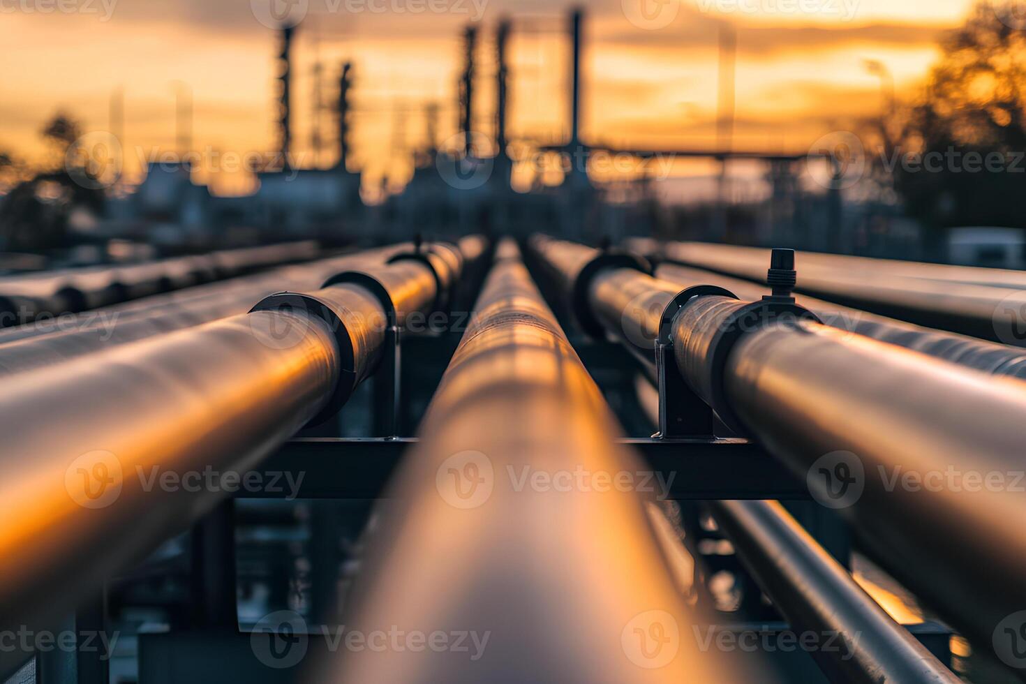 A dramatic scene of steel pipelines and valves in an oil refinery, set against a beautiful sunset, highlighting the industrial scale and energy production processes photo
