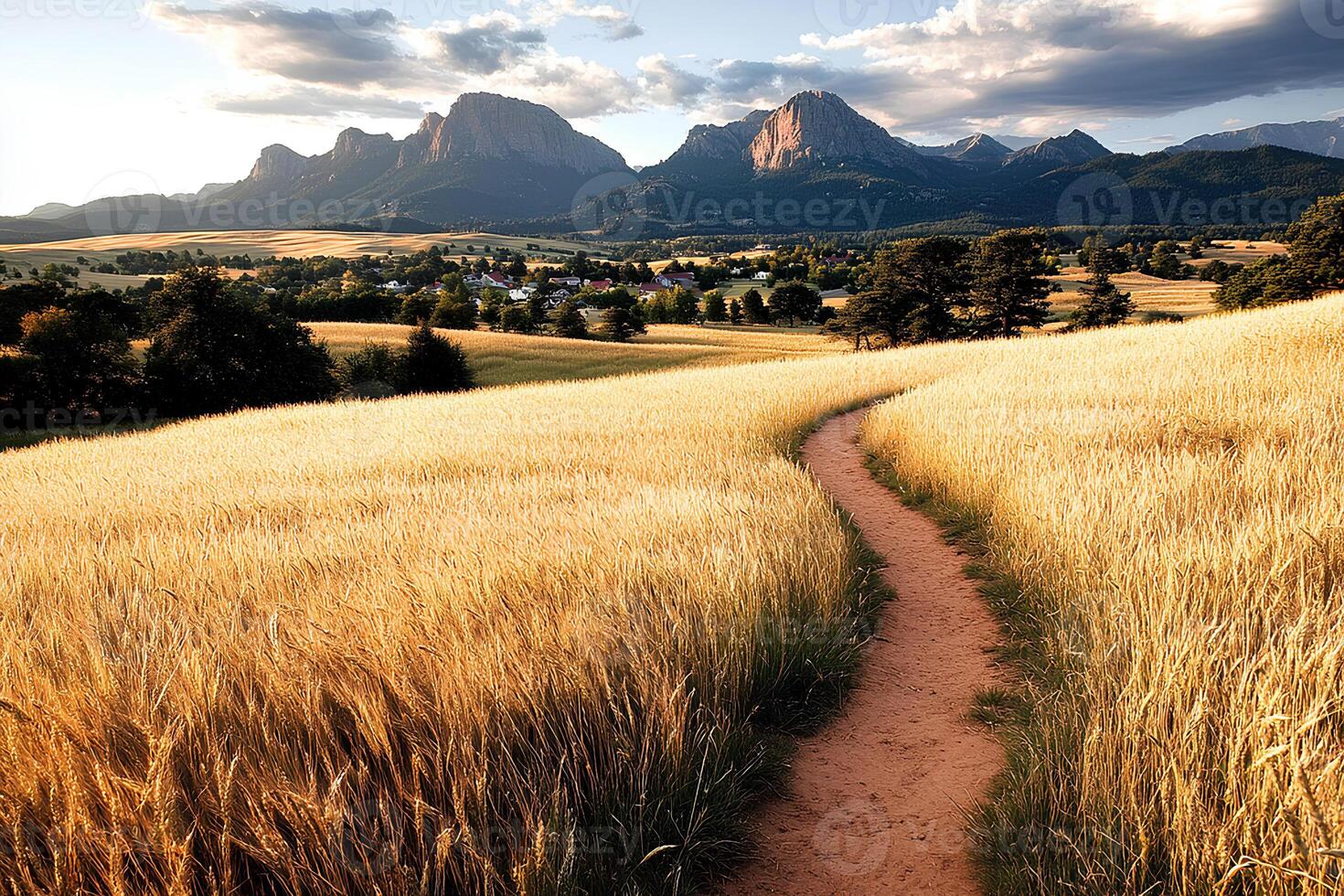 A breathtaking sunset over a vast wheat field with a mountain range in the background, capturing the beauty of South Africa's rural landscapes at golden hour photo