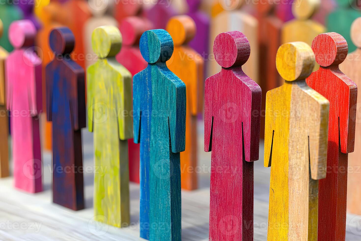 A set of colorful wooden figures of people lined up on a wooden background, symbolizing diversity, unity, and community in a vibrant and artistic way. photo