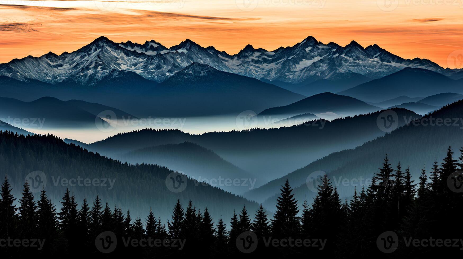 A mountain landscape with the soft light of sunset and the sunrise piercing through the fog, creating a mystical atmosphere. Perfect for imagery about mountains, sunrises, and natural landscapes photo