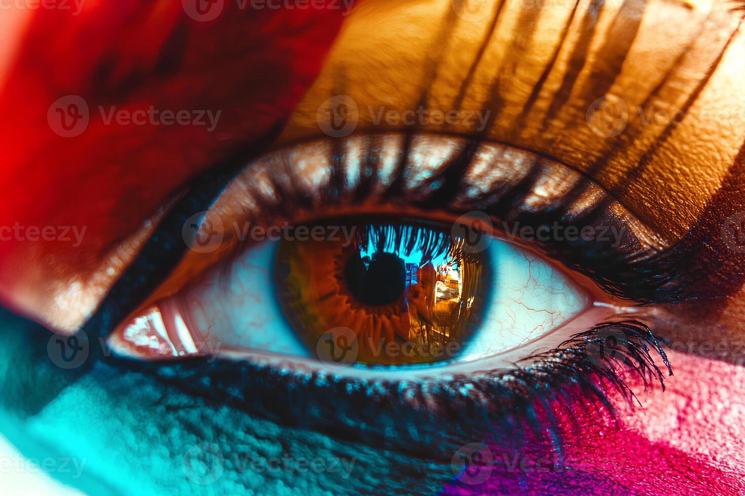 A detailed macro shot of a woman's eye, highlighting the intricate makeup on her eyelids, perfectly shaped eyebrows, and long lashes. photo
