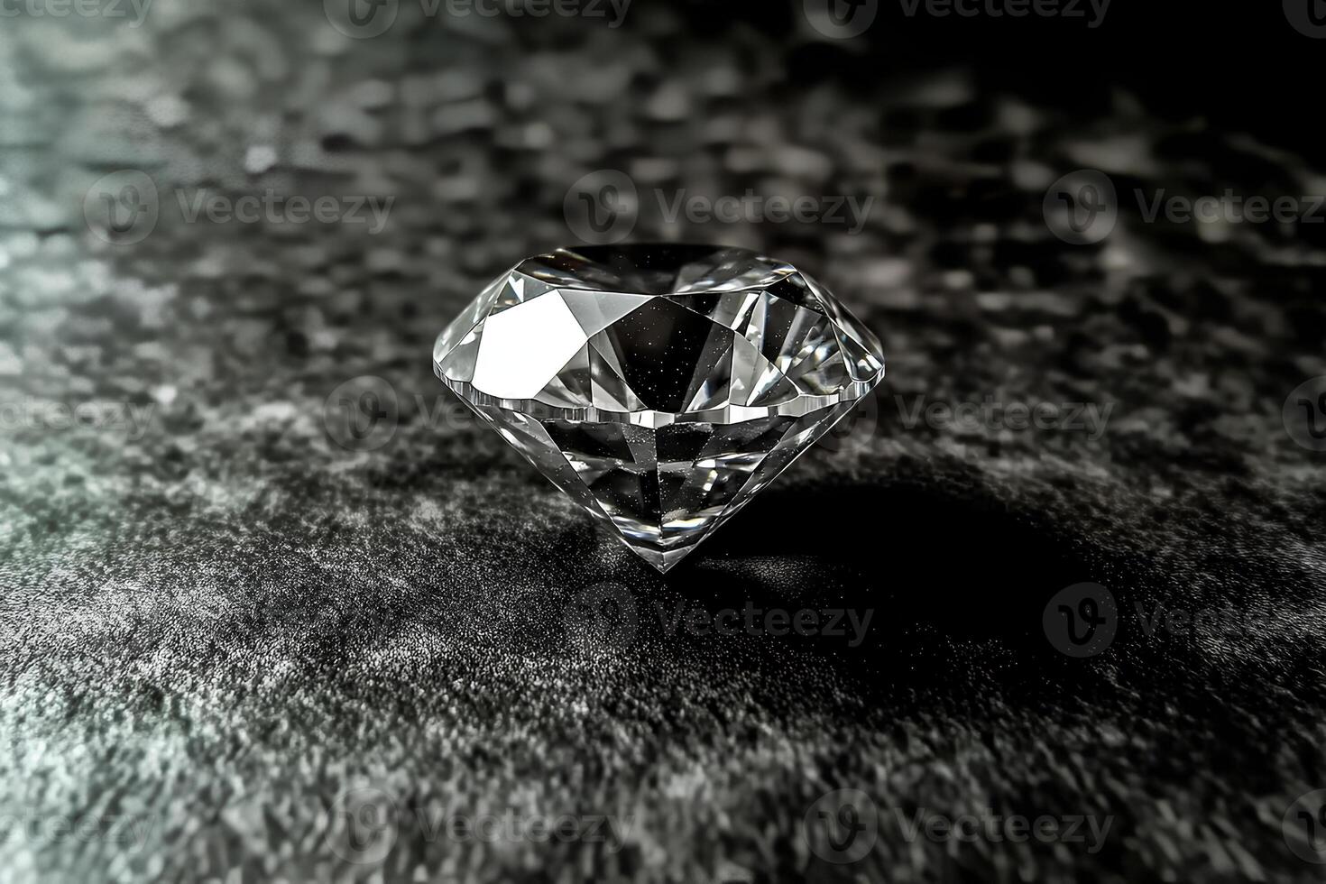 A stunning close-up of a sparkling diamond set against a sleek black background, showcasing its brilliance and clarity. The contrast highlights the diamond's intricate facets and luxury. photo