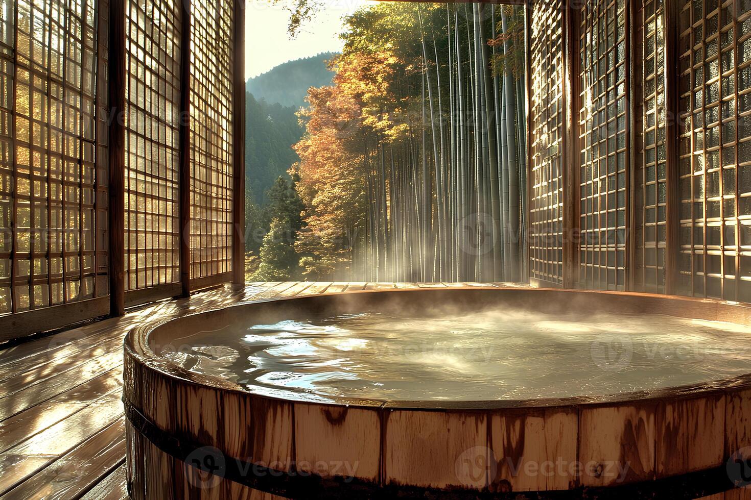 Toned image of a hot tub in the interior of a Japanese spa, creating a calming and relaxing atmosphere. Perfect for wellness and Japanese culture imagery photo