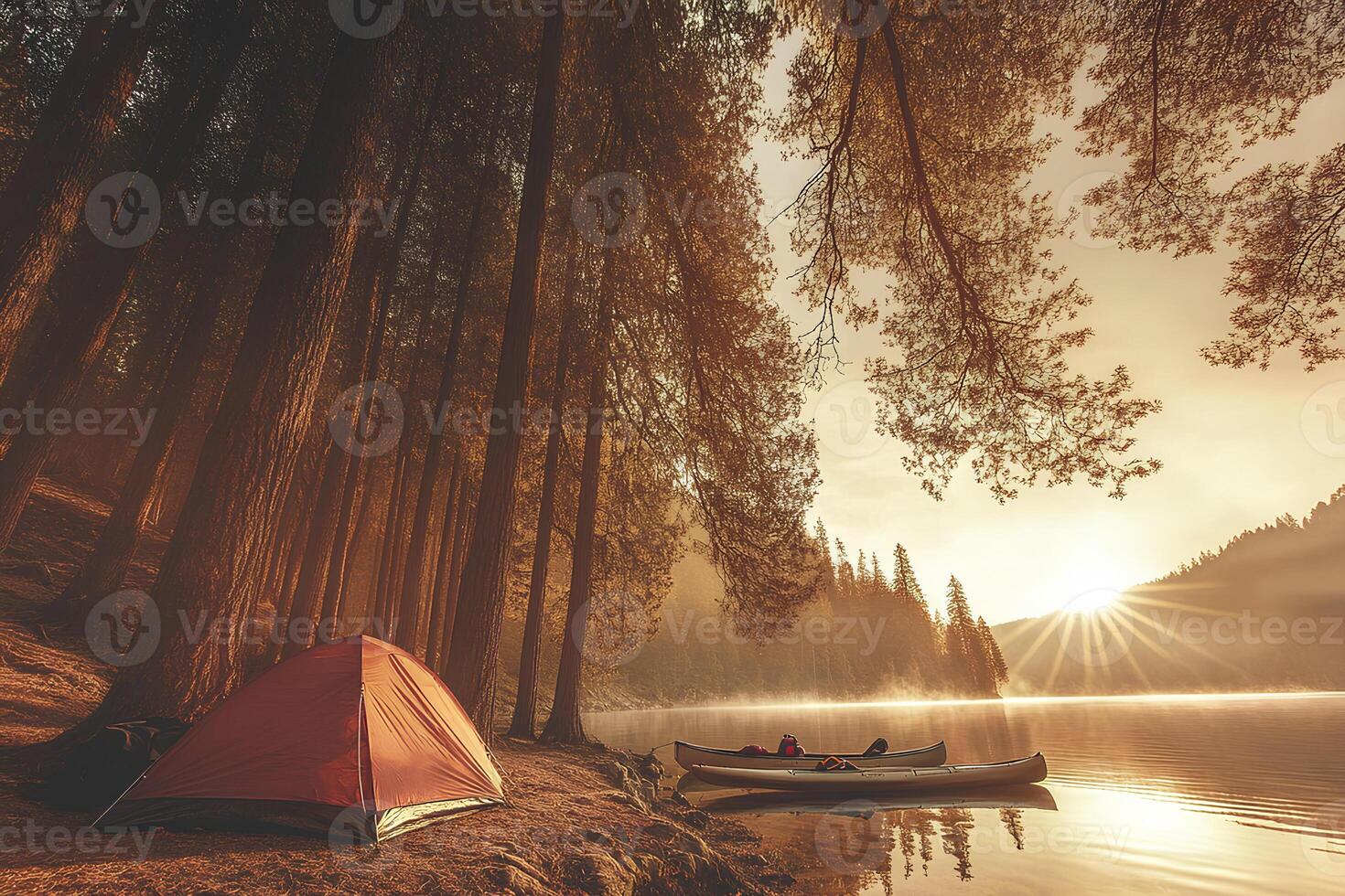 Camping by a picturesque lake surrounded by a pine forest, creating an atmosphere of solitude and nature retreat amidst greenery and tranquility photo