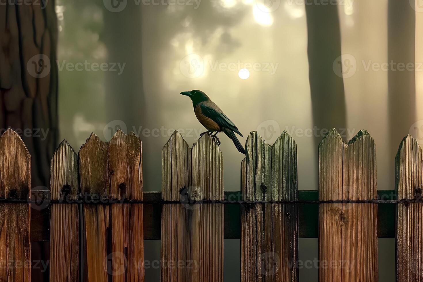 A bird perched on an old wooden fence surrounded by light morning mist. Selective focus highlights the beauty of nature on a misty morning. photo