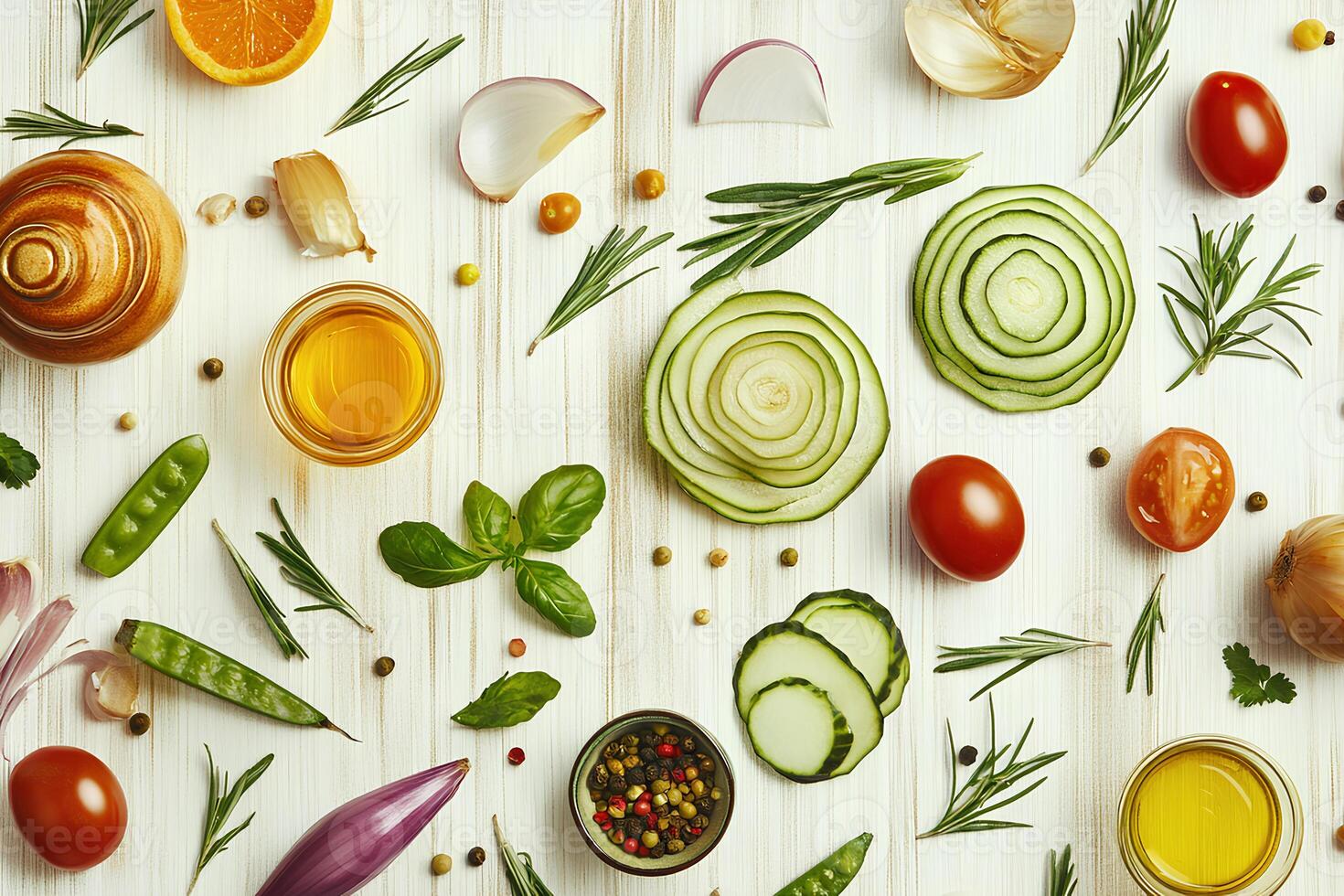 Flat lay composition with fresh vegetables and oil on white wooden background photo