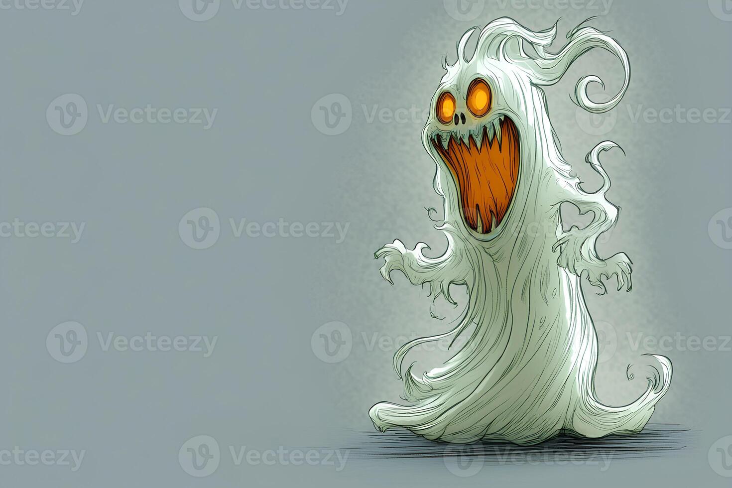Cartoon illustration of a spooky ghost on a gray background. photo
