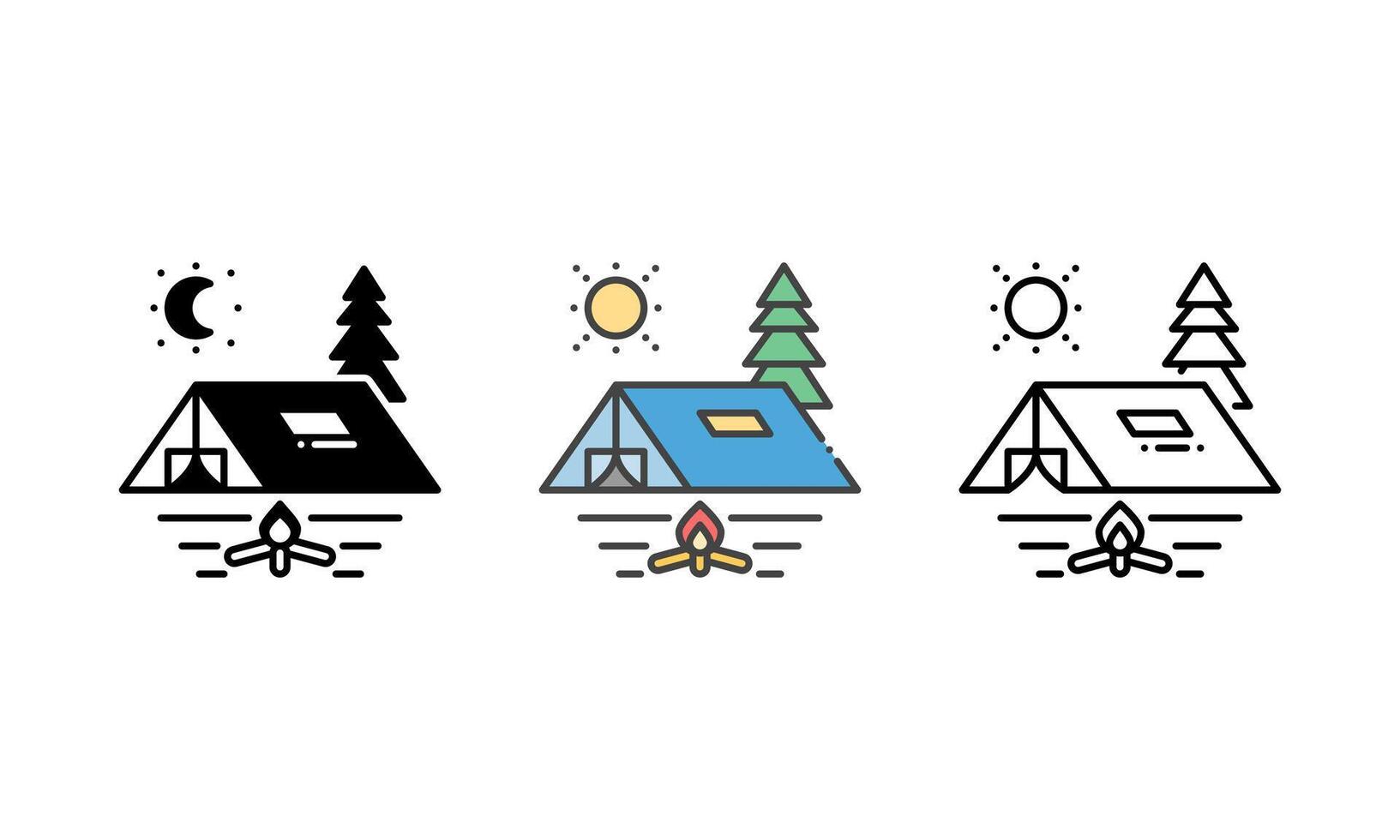 Camping Icon with Tent, Campfire, Trees, and Sun Representing Outdoor Adventure vector