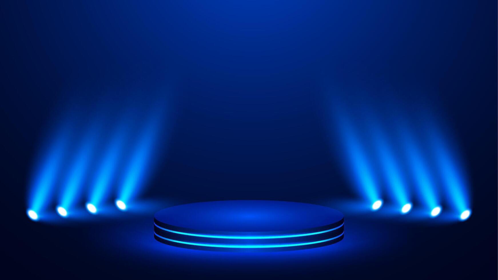 Blue stage background with neon and spotlights. display podium Futuristic vector