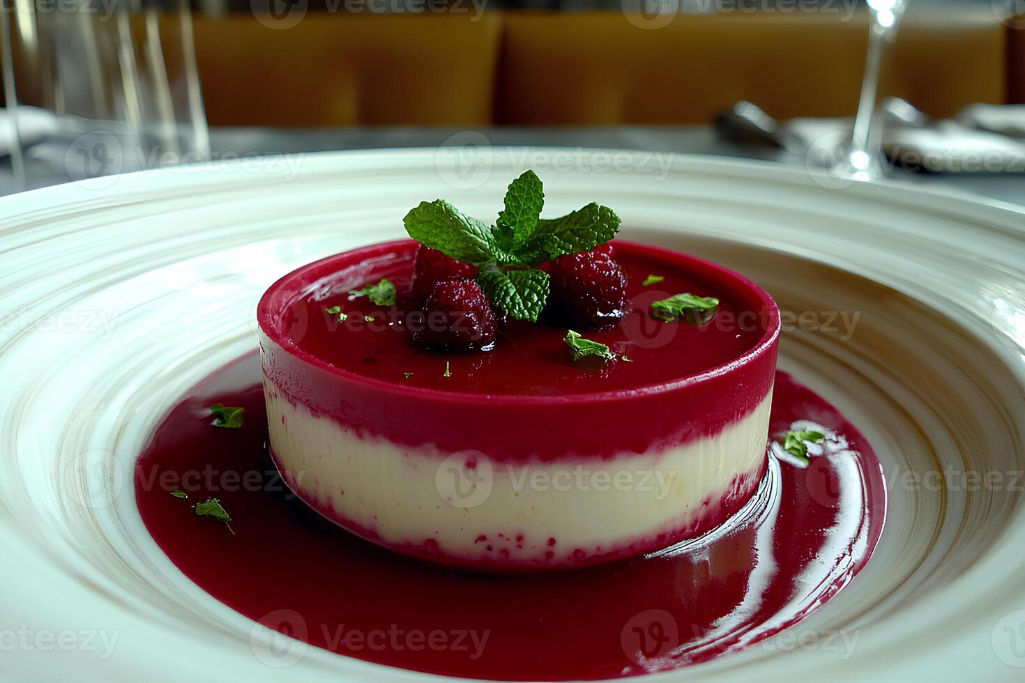Delicate panna cotta with raspberries and mint, beautifully presented on a white plate. This dessert looks elegant and fresh, perfect for refined treats photo