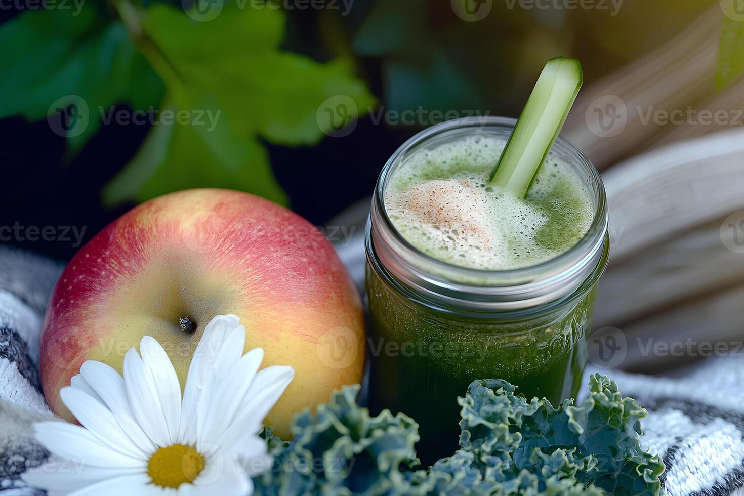 A refreshing healthy green smoothie made with fresh apple and a hint of chamomile, served in a glass, offering a perfect blend of natural flavors and wellness photo
