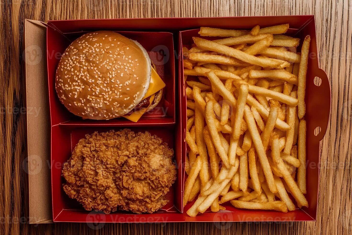 A delicious fast food set in a box a burger, French fries, and chicken nuggets. The perfect choice for a quick snack or lunch on the go, creating an atmosphere of convenience and enjoyment of food photo