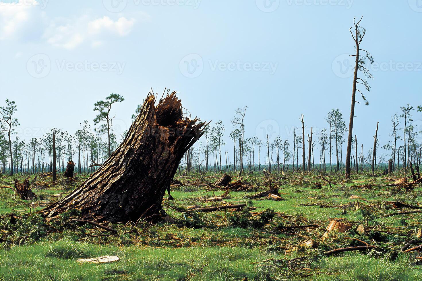A poignant landscape with a broken tree on a meadow in the forest, reflecting both the strength and vulnerability of nature, perfect as a background for nature and woodland scenes photo