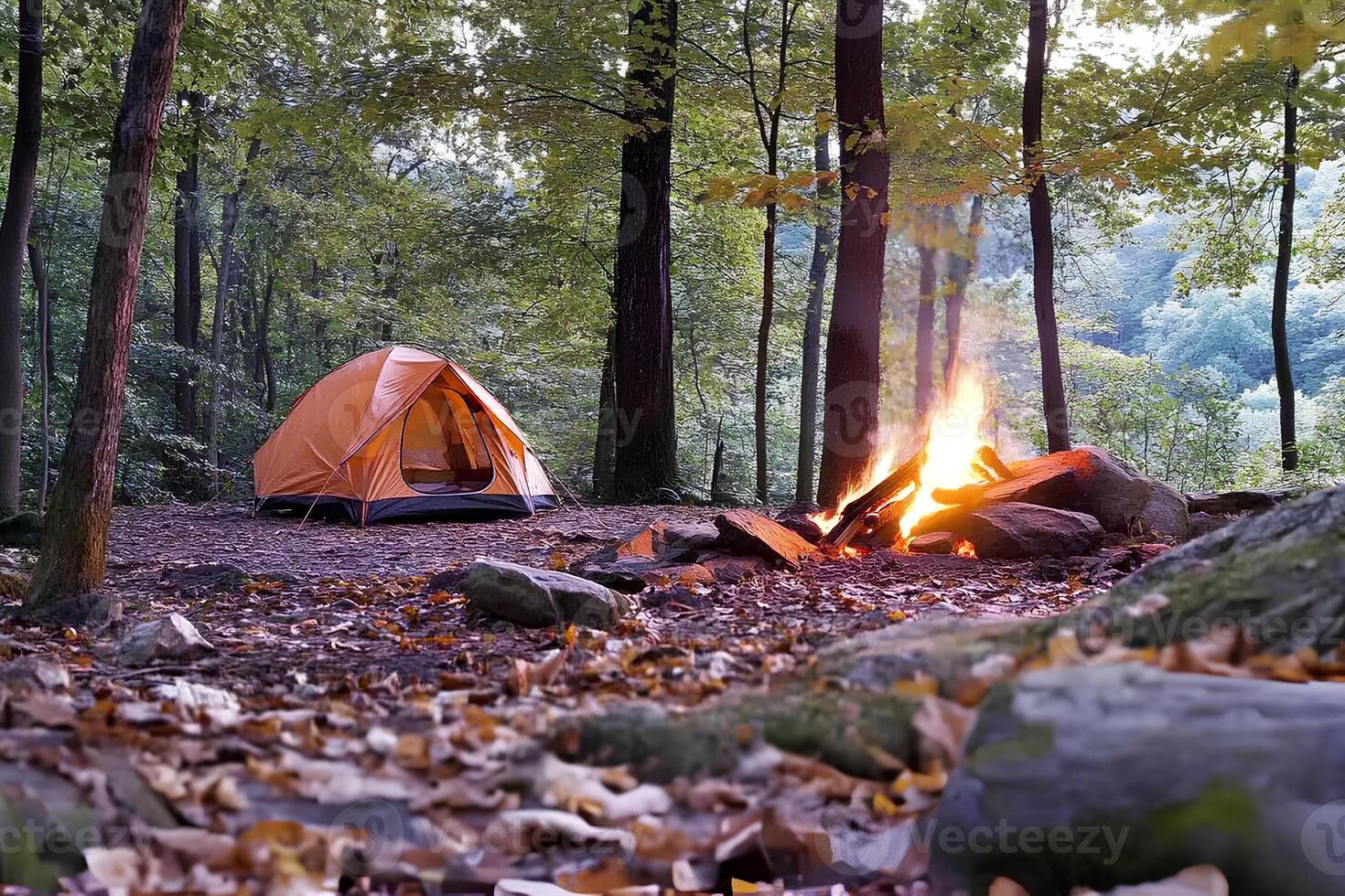 A night camping scene by a lake in the forest, where a campfire illuminates the dark atmosphere, and stars and tranquil nature create a sense of solitude and peaceful relaxation photo