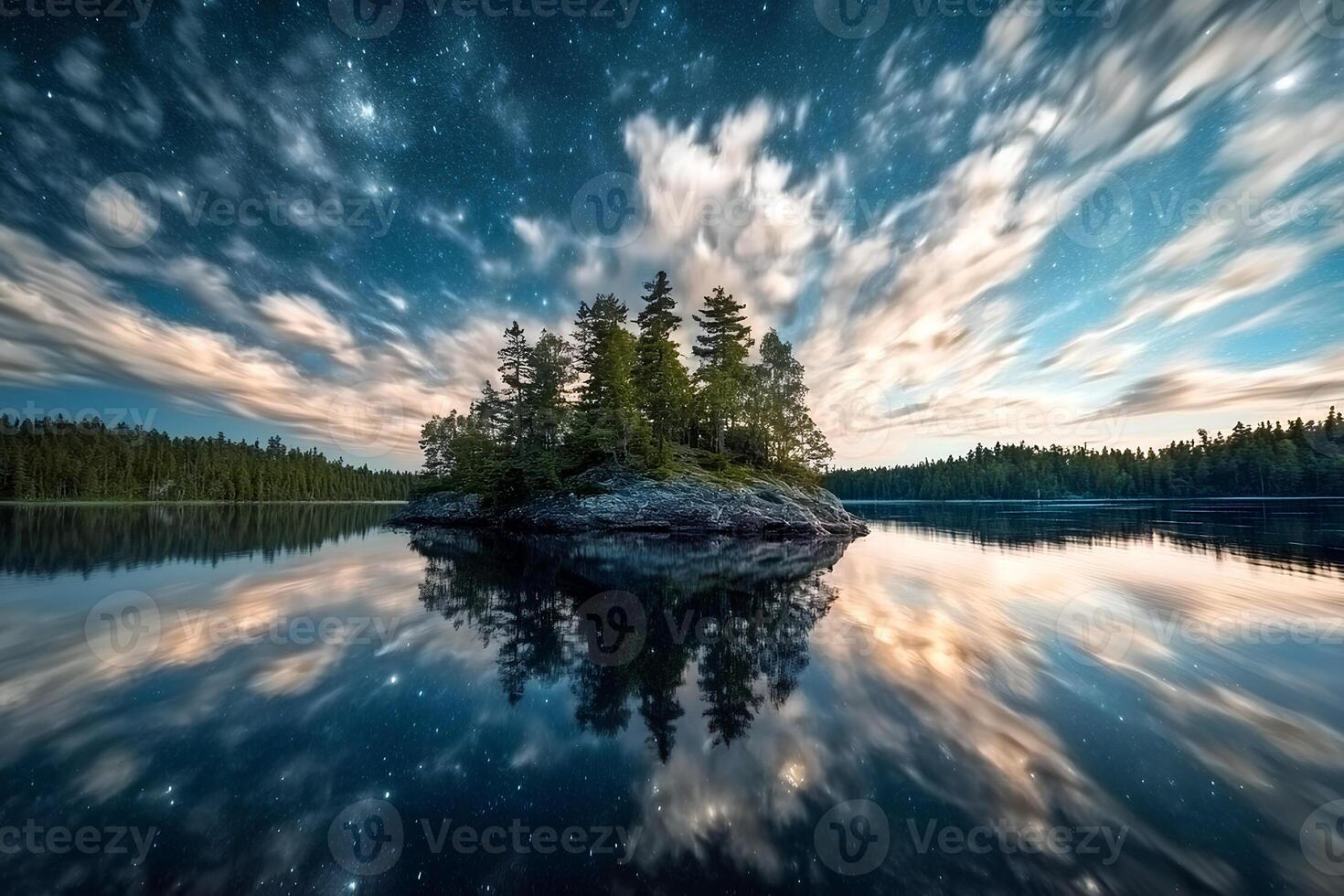 A starry night over a lake with a dramatic sky and twinkling stars, creating a breathtaking landscape that reveals the grandeur and beauty of nature at night photo