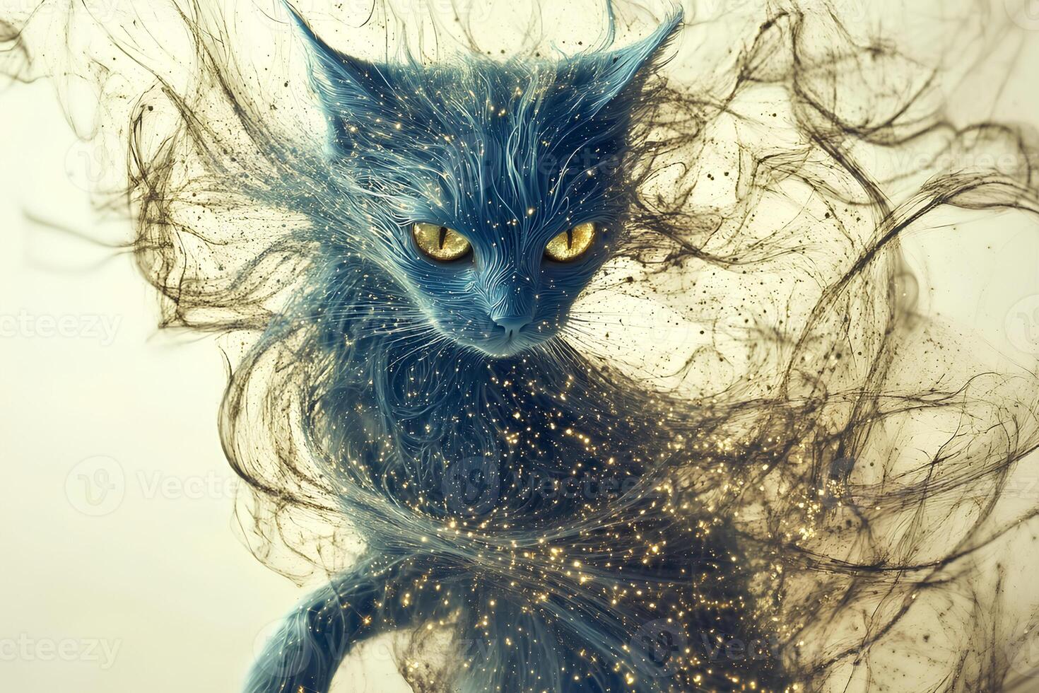 A mystical scene featuring a blue cat with hair seemingly floating in the air, creating an atmosphere of fantasy and magic in a unique conceptual style filled with vibrant colors and unusual energy photo