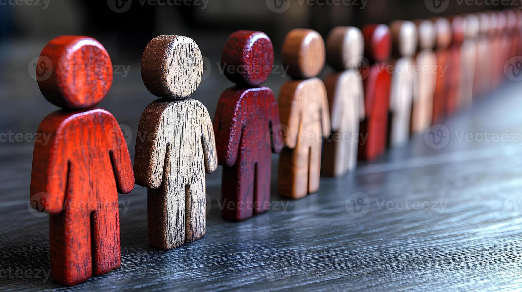 Wooden figures of people lined up, symbolizing unity and teamwork. A perfect scene for themes of business, collaboration, and collective effort. photo