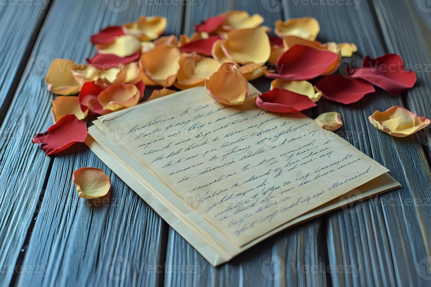 An elegant composition with rose petals and an old book on a wooden background. Perfect for creating atmospheric photos about romance, reading, and nostalgia.