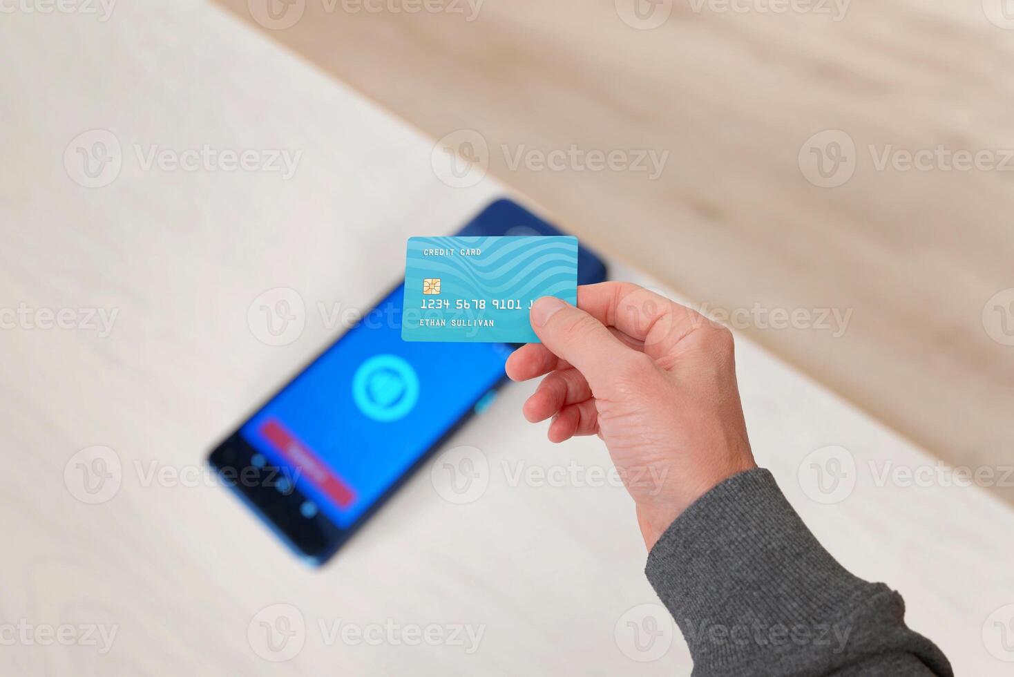 Credit card hovering over a POS terminal with a glowing contactless payment icon, illustrating modern NFC payment technology and seamless transactions photo