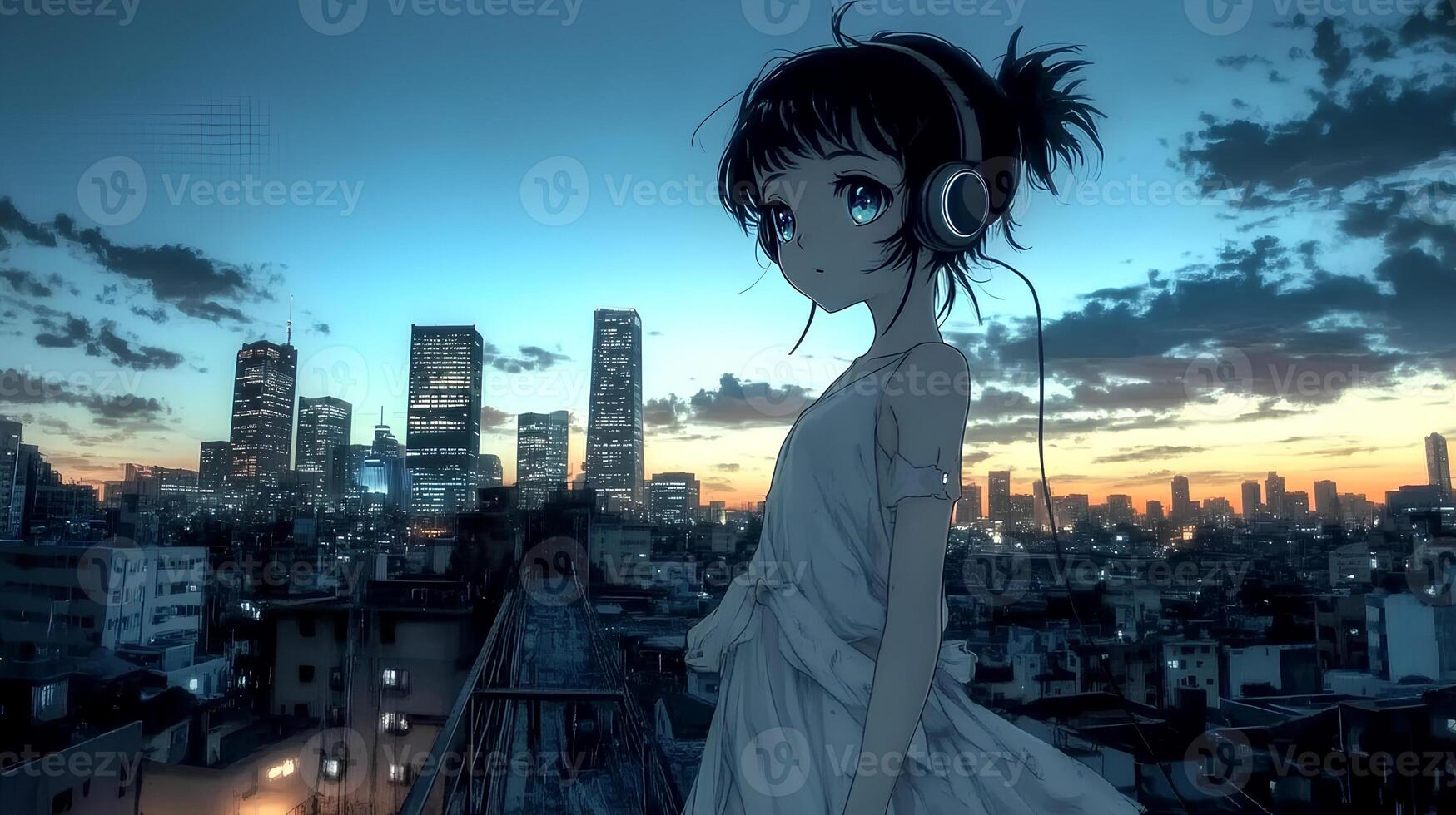 A young woman with headphones, enjoying music on a rooftop with a view of the city. A perfect scene for themes of music, relaxation, and freedom. photo