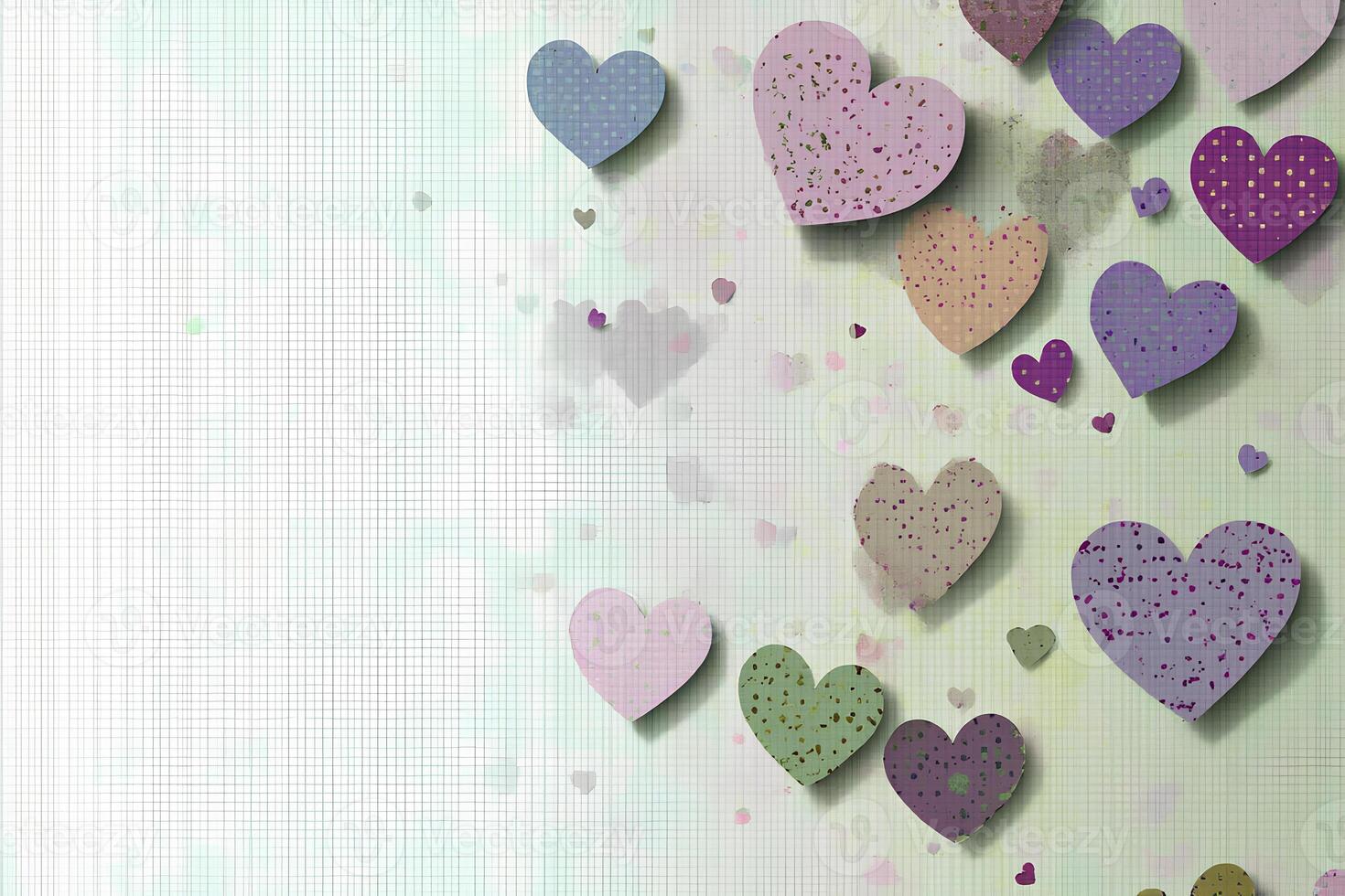 Delicate paper hearts in various shades cascade gently against a light pastel backdrop. The hearts feature playful patterns and create a whimsical atmosphere, evoking feelings of love and joy. photo
