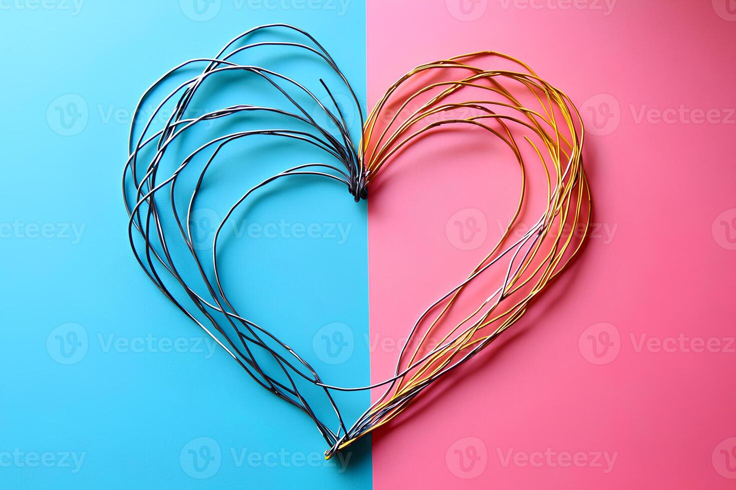 Wires are shaped into a heart design, with one side in blue and the other in pink. This artistic arrangement reflects creativity and craftsmanship, perfect for a themed project. photo
