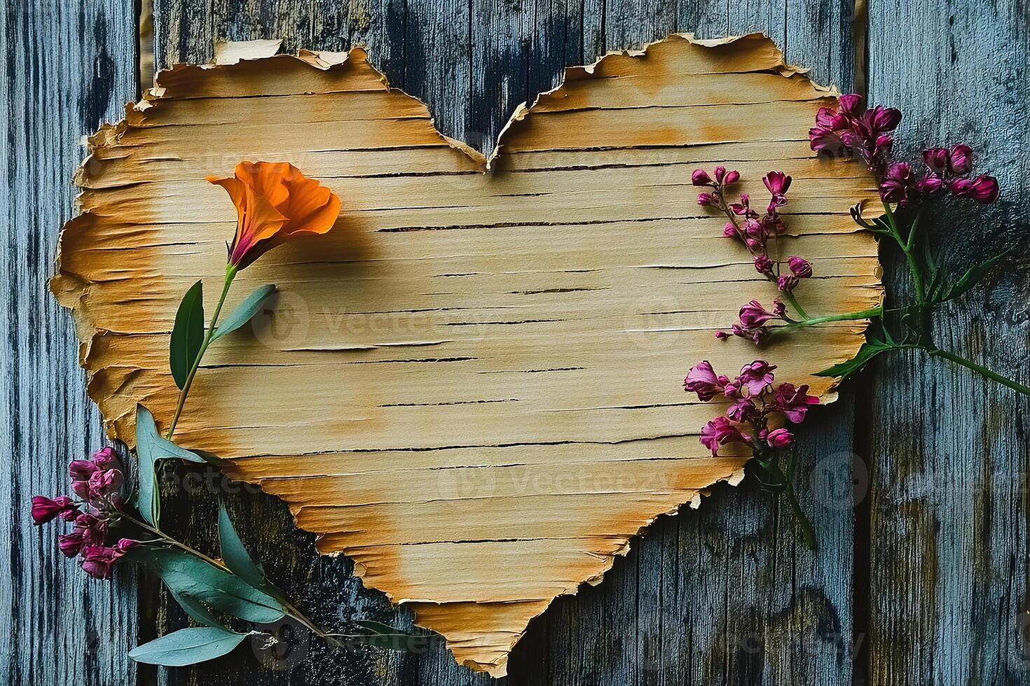 A heart-shaped piece of wood is adorned with a vibrant orange flower and delicate purple blooms. The rustic background enhances the natural beauty of the arrangement. photo