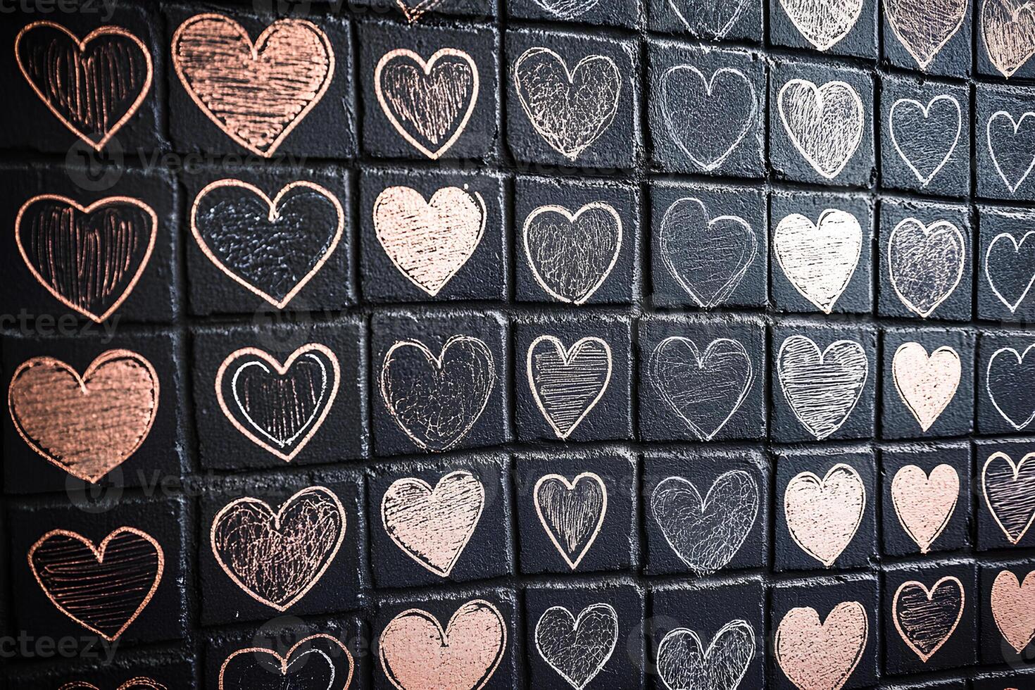 Rows of heart shapes are imprinted on a black surface, showcasing a mix of metallic and matte finishes. This textured design adds a unique touch to any modern space. photo