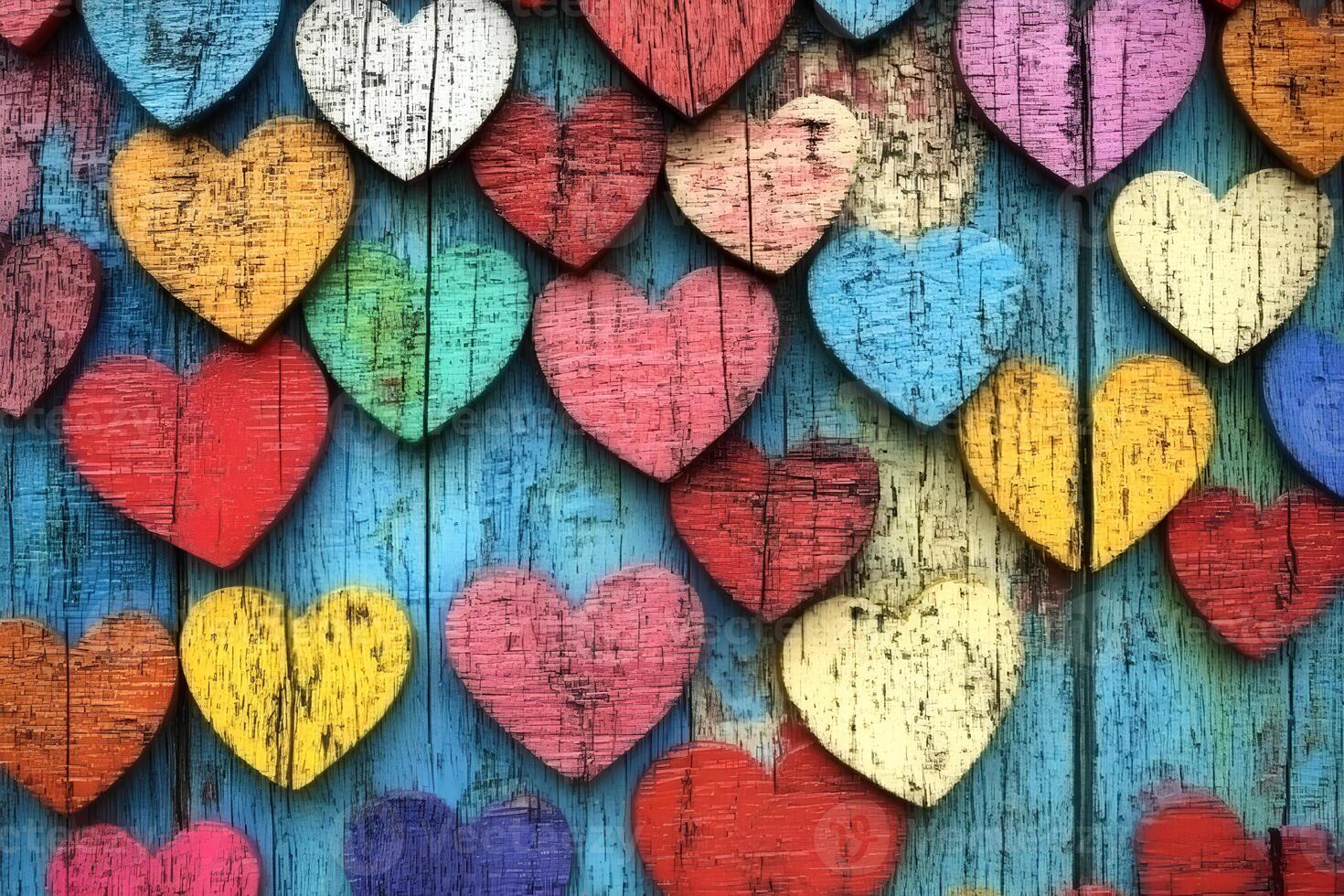 A variety of painted wooden hearts in multiple colors adorn a textured blue wooden surface. The display creates a cheerful mood with playful shapes and hues, perfect for celebrations. photo