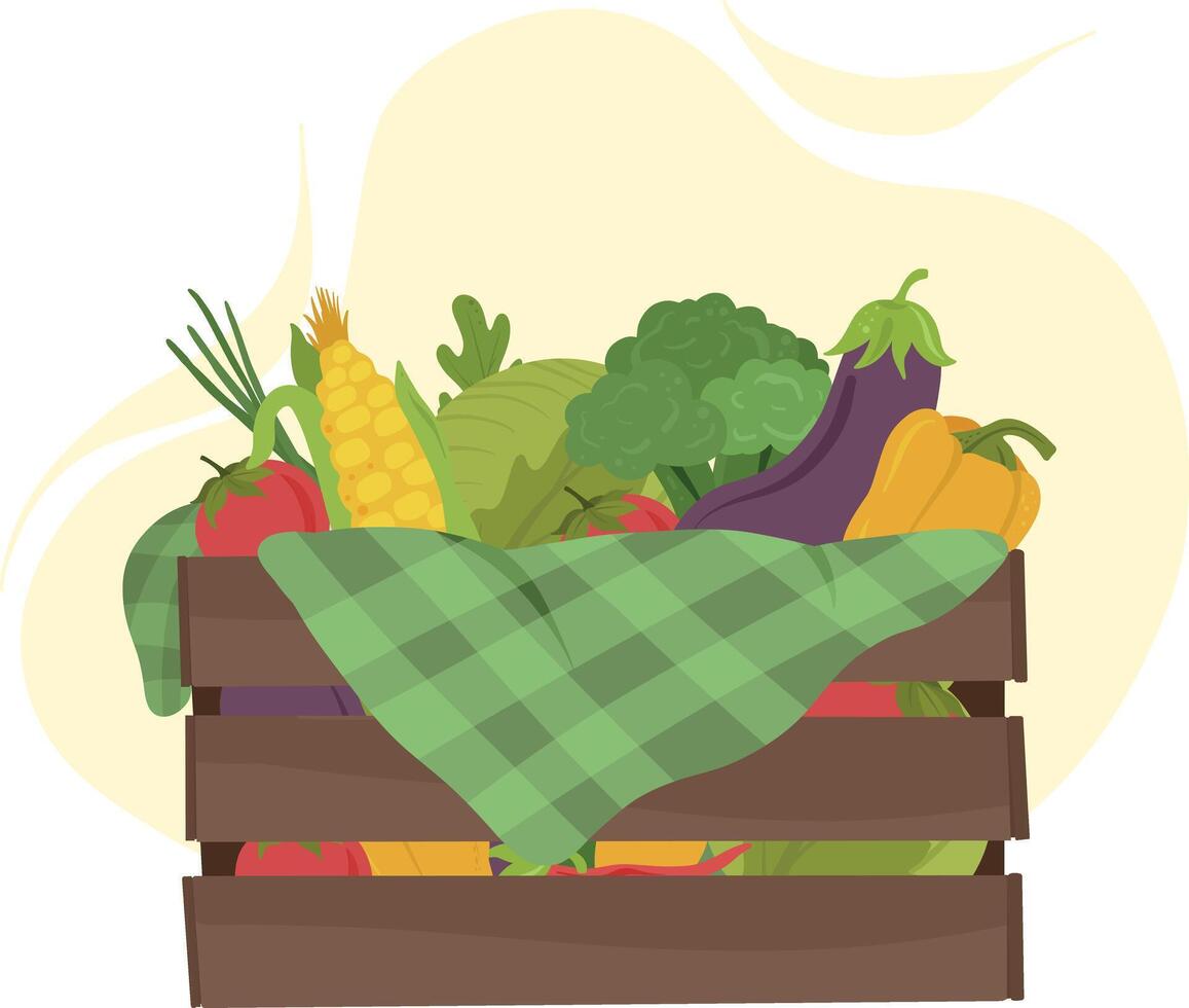 A wooden crate full of vegetables and fruits vector