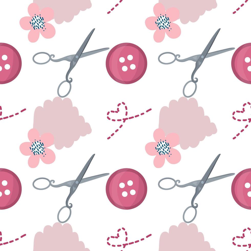 Sewing pattern with scissors and flowers vector
