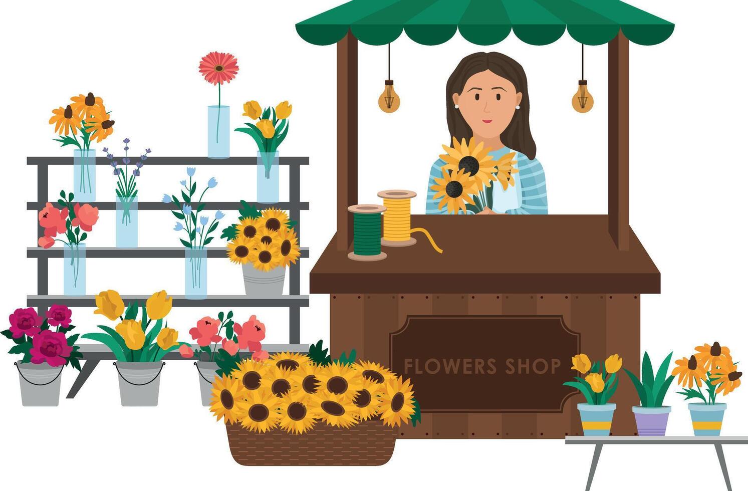 A woman is selling flowers at a flower shop vector
