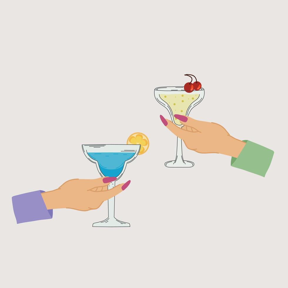 Two cocktail glasses with fizzy drinks, one garnished with cherries and the other with a lemon slice on a light background in retro style. vector
