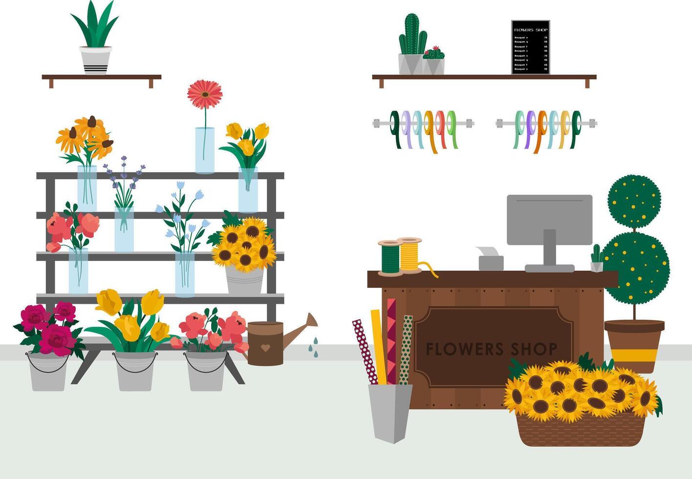 A flower shop with a desk, plants, and flowers vector