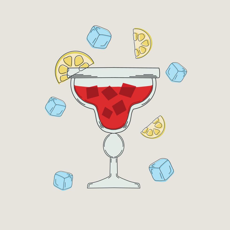 A cocktail glass filled with a red fizzy drink, garnished with lemon slices and surrounded by ice cubes on a light background in retro style vector