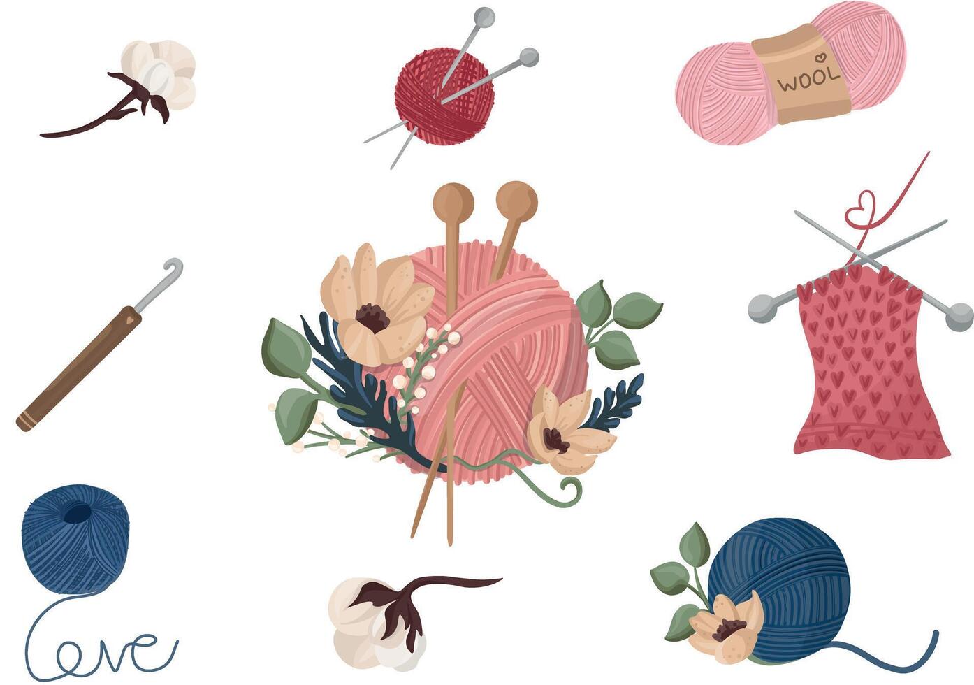 A collection of knitting and crochet items vector
