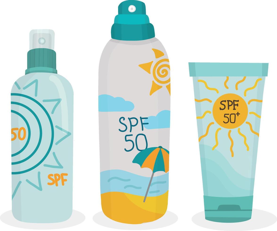 Three bottles of sun protection products are shown vector
