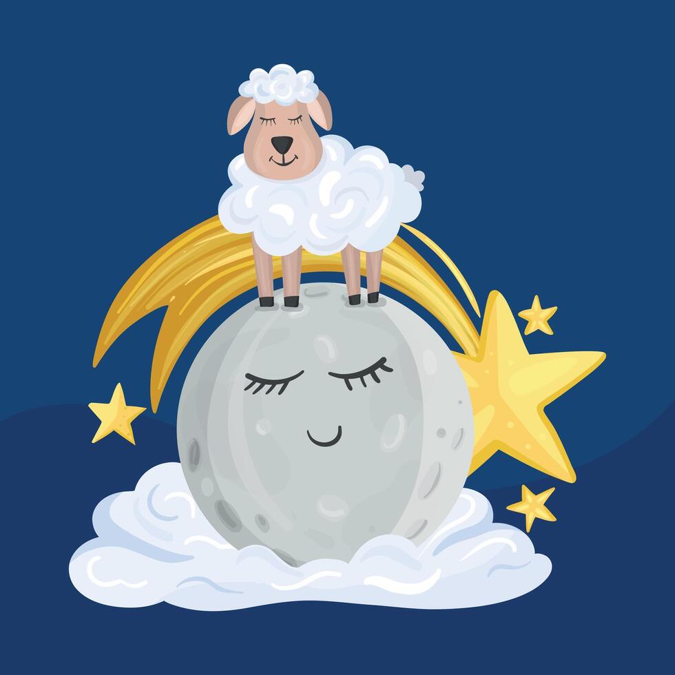 A cartoon sheep is sitting on the moon with stars and clouds vector