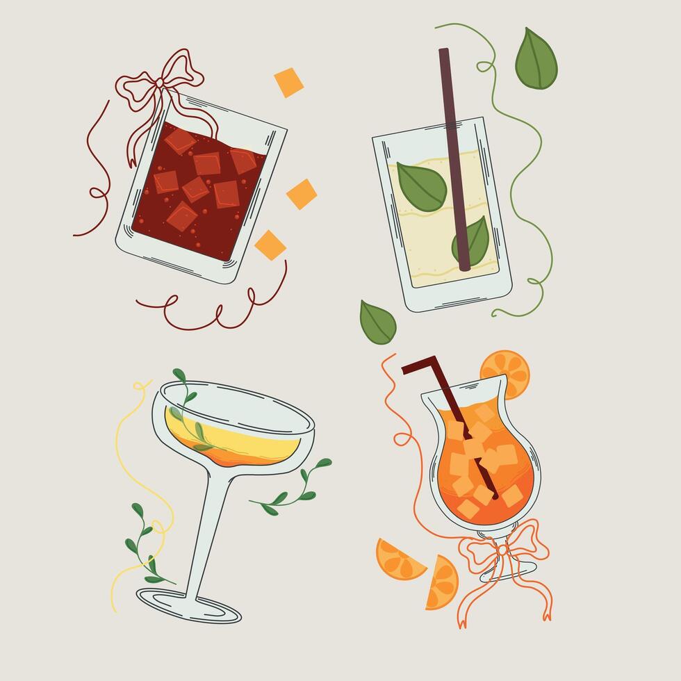 Four cocktail glasses with different fizzy drinks, garnished with citrus slices, mint leaves, and ice cubes, decorated with swirling ribbons in retro style. vector