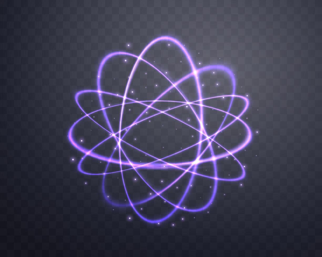 Atom particle, light effect glowing purple magic rings. Neon realistic energy swirl. Abstract light effect on a dark background vector