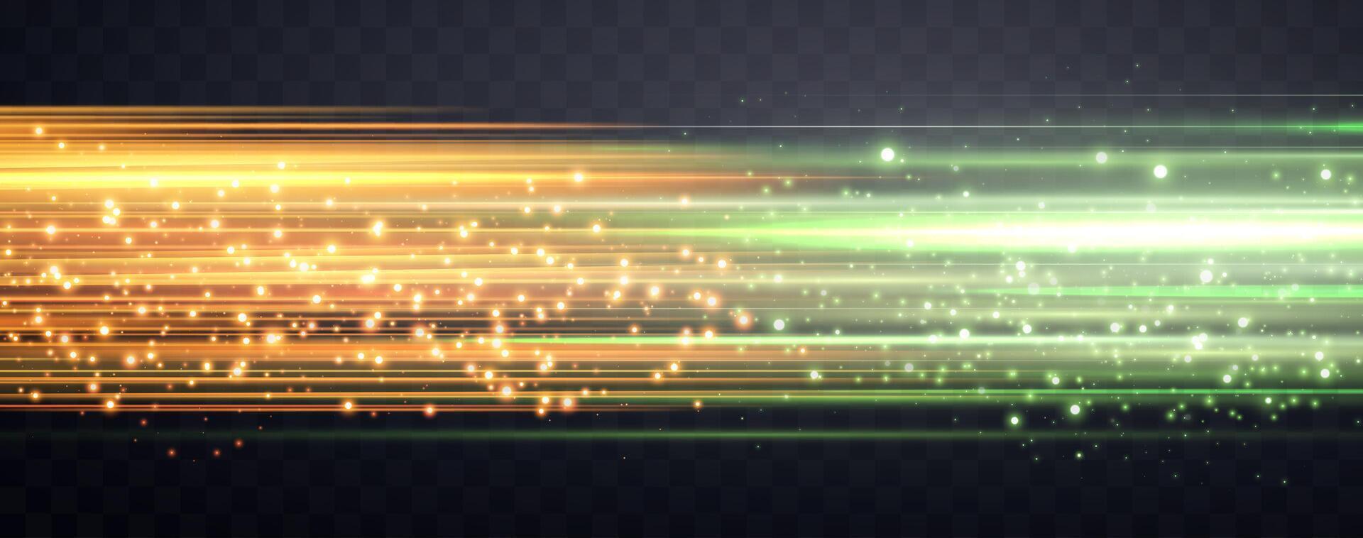 Speed rays, velocity light neon flow, zoom in motion effect, green and orange glow speed lines, colorful light trails, stripes. Abstract background, illustration. vector
