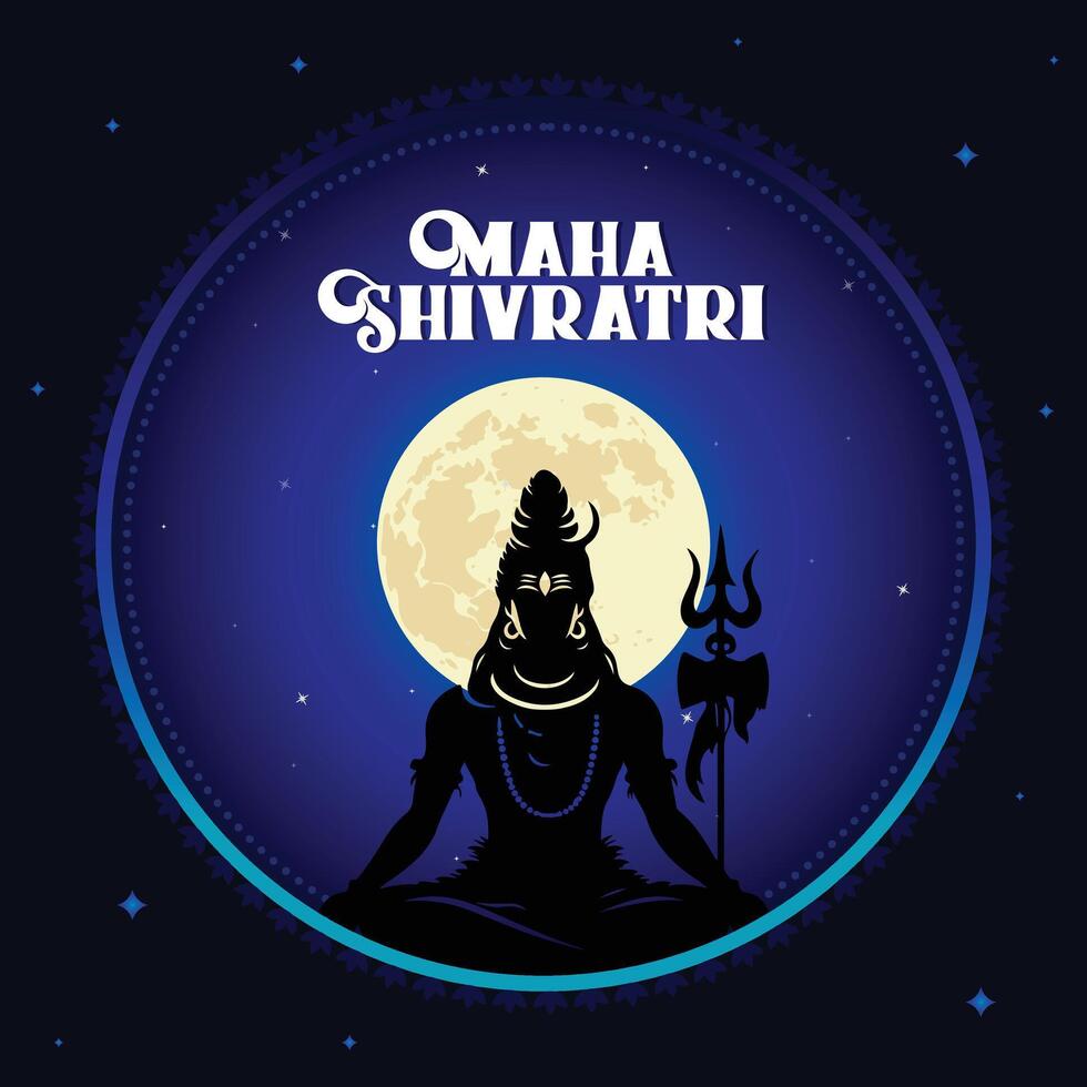 Maha Shivratri typography with artistic lettering, floral decoration, and a vibrant background. Featuring Lord Shivas silhouette, perfect for a traditional festival poster and banner design. vector