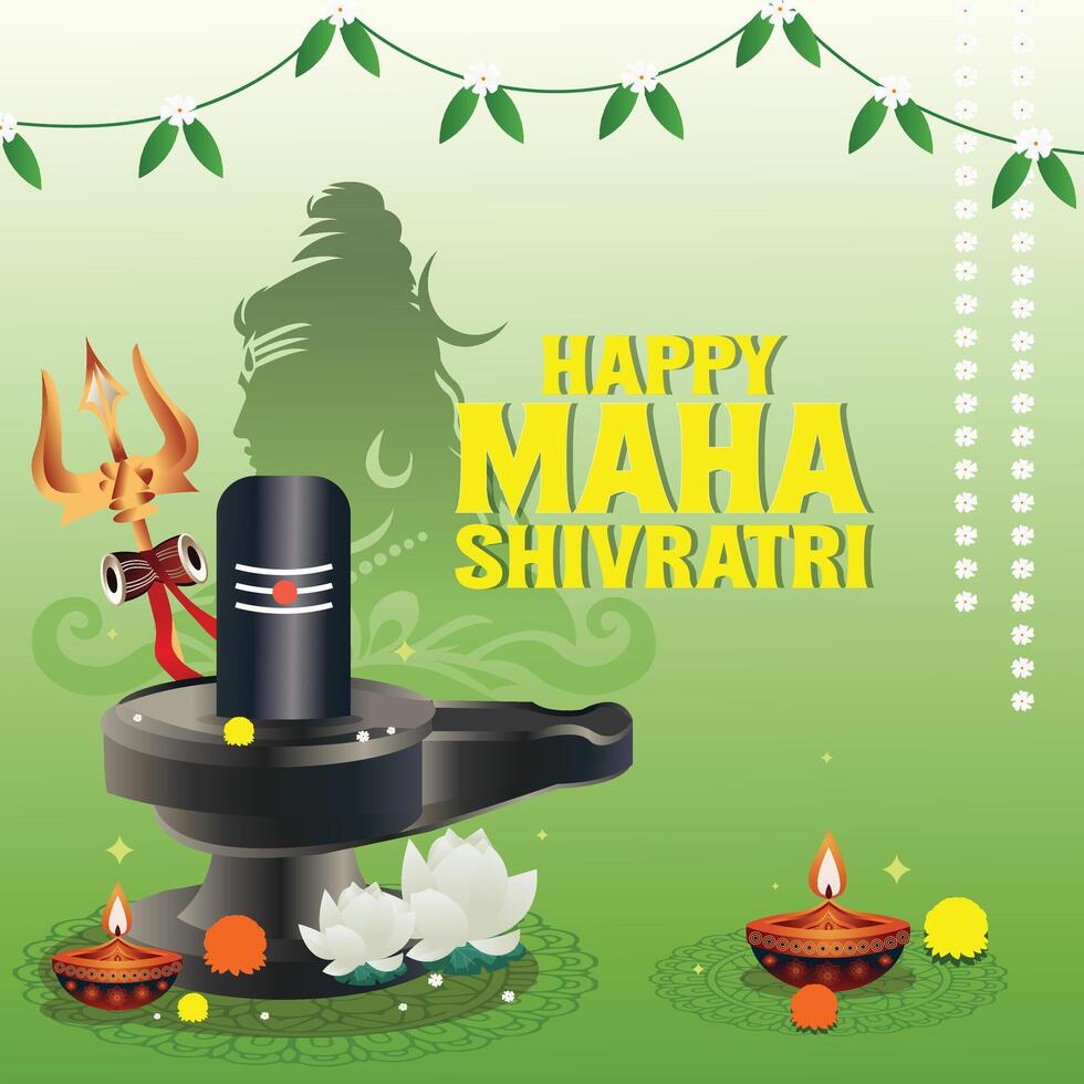 Maha Shivratri typography with artistic lettering, floral decorations, and a festive background. Featuring Lord Shivas silhouette, ideal for a traditional festival poster and banner design. vector