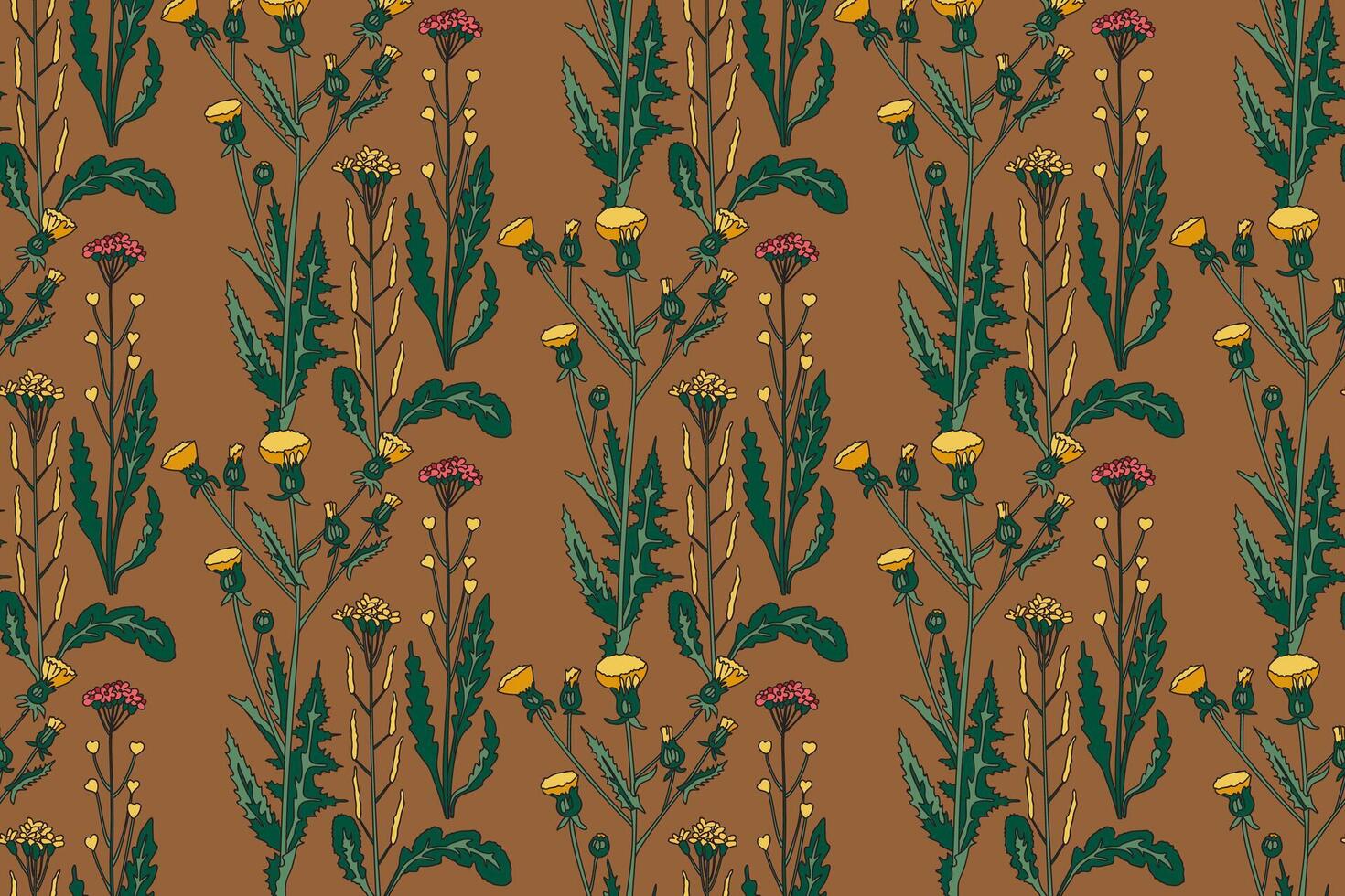Botanical abstract plant seamless pattern with wildflowers illustration. Repeating retro floral pattern in brown color background. Graphic design for Wallpaper Textile Cover Card Birthday vector